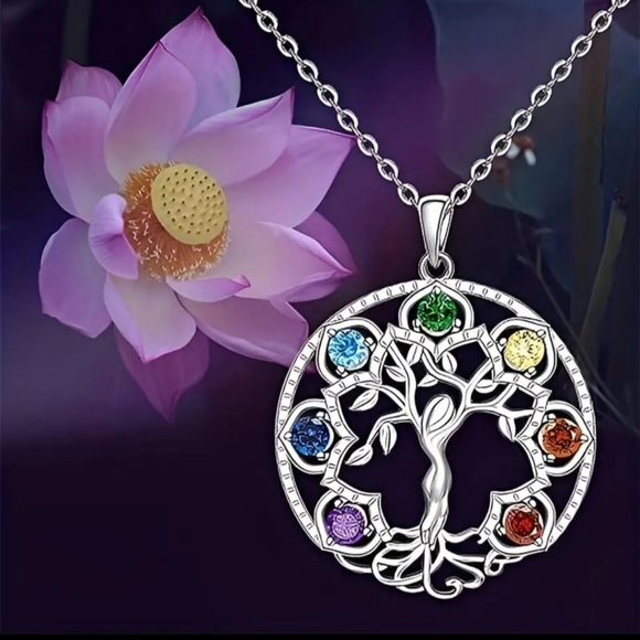 Silver Tree of Life 7 Chakra Rainbow Pendant Necklace, New In Packaging - Picture 5 of 5